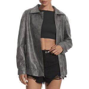 Women's Grey Faux Leather Jacket Oversized Motorcycle Zipper Bomber Coats